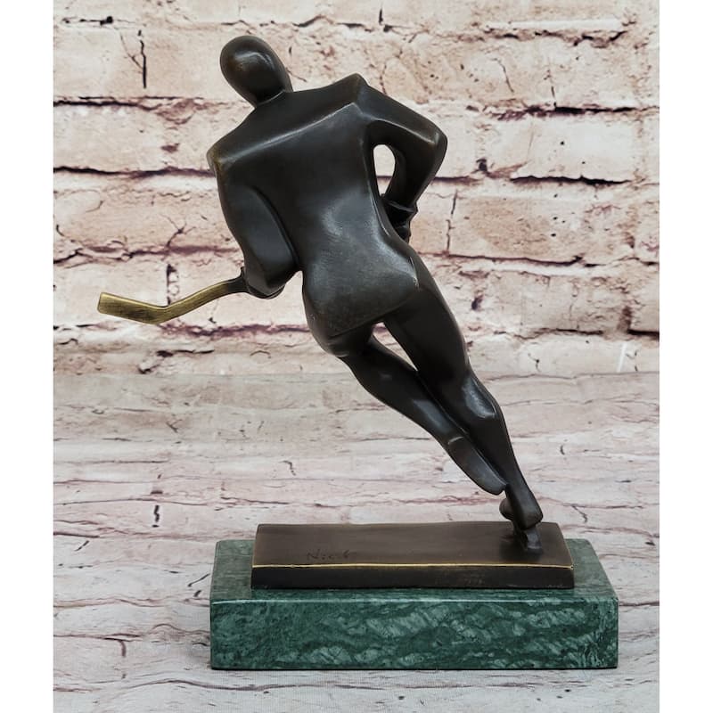 Bronze Metal Hockey Player Trophy Sculpture Statue Figurine On Marble Base