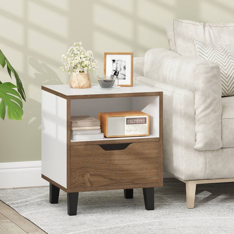 Gymax 2PCS Nightstand Mid Century Modern Bedside Table w/ Drawer Open