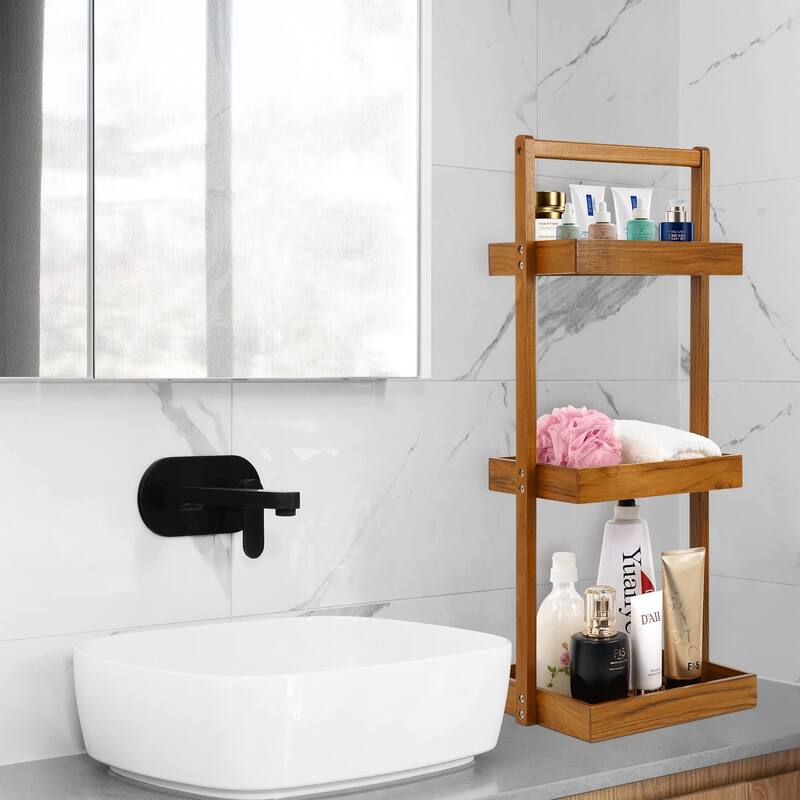 Teak Shower Caddy Shelf, Standing Shower Organizer for Bathroom Corner, Wooden Freestanding Racks Storage for Inside Shower