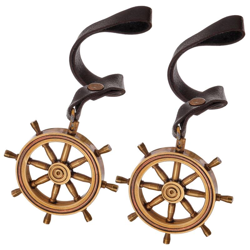 9" Brass And Leather Ships Wheel Ornament With Strap Set of 2