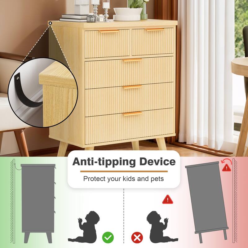 Pocassy 5 Drawer Dresser for Bedroom Wide Modern Chest of Drawers with Fluted Design