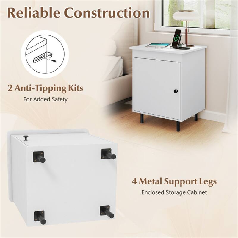 White Engineered Wood End Table with Cabinet Storage and Metal Legs Set of 2