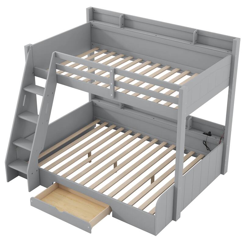 Twin Over Full Bunk Bed with Storage Shelves & Charging Station, Wood Bunk Bed Frame with Ladder and Built-in Drawer, Led Lights