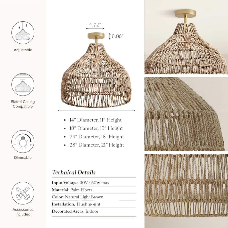 Dreamy Flush Mount Light - Palm Fibers & Brown 1-Light Dome Ceiling Light for Bedroom or Hallway in Modern, Mid-Century Style