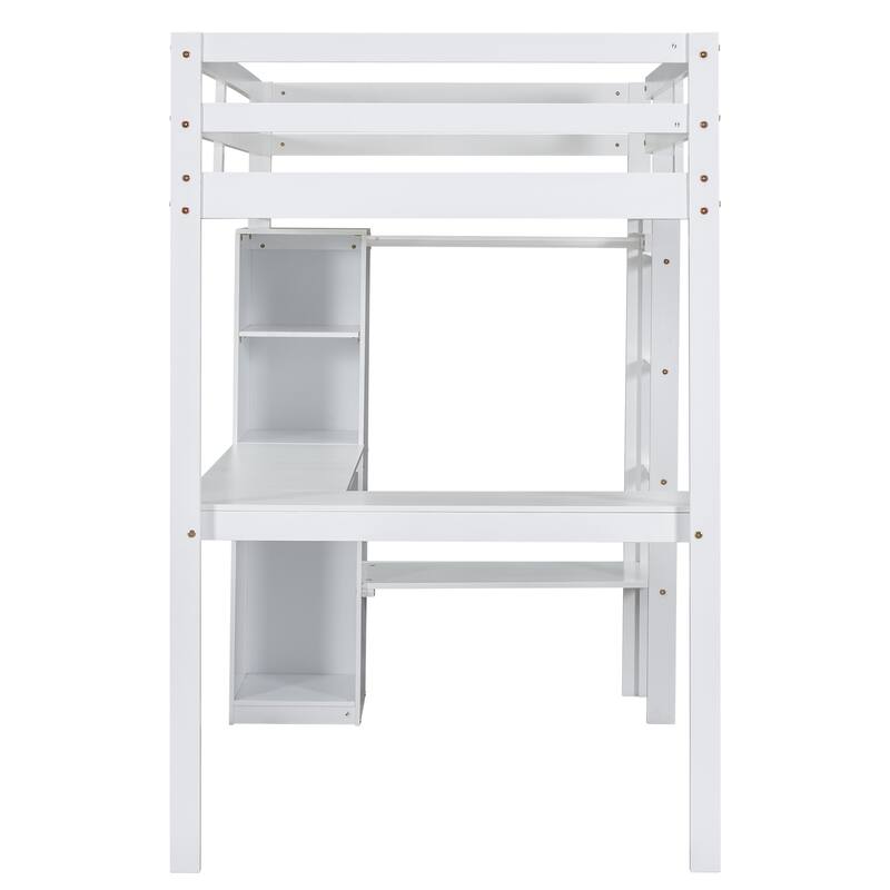 Twin Size Loft Bed with L-Shaped Desk, Wardrobe, Storage Shelves & Full-Length Guardrails, No Box Spring Needed