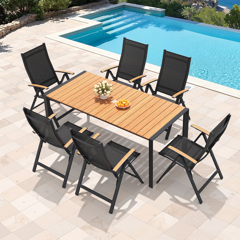7/9/11-Piece Outdoor Patio Dining Set Aluminum Rectangular Dining Table and Adjustable Folding Chairs - Brown