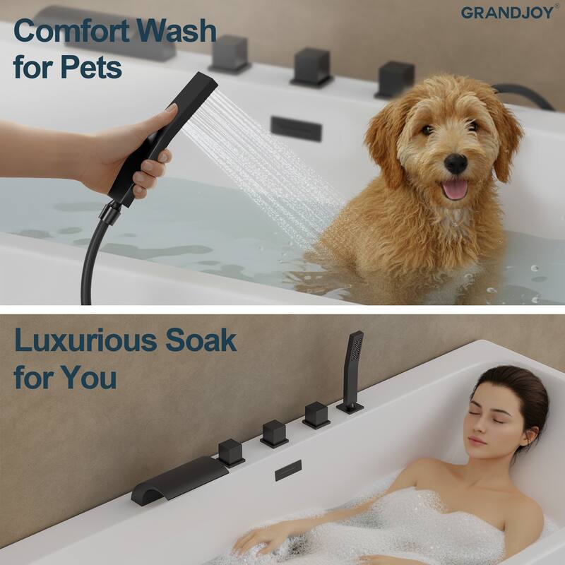 5-Hole 3-Handle Deck-Mount Waterfall Tub Faucet with Hand Shower,Waterfall Spout Bathtub Faucet