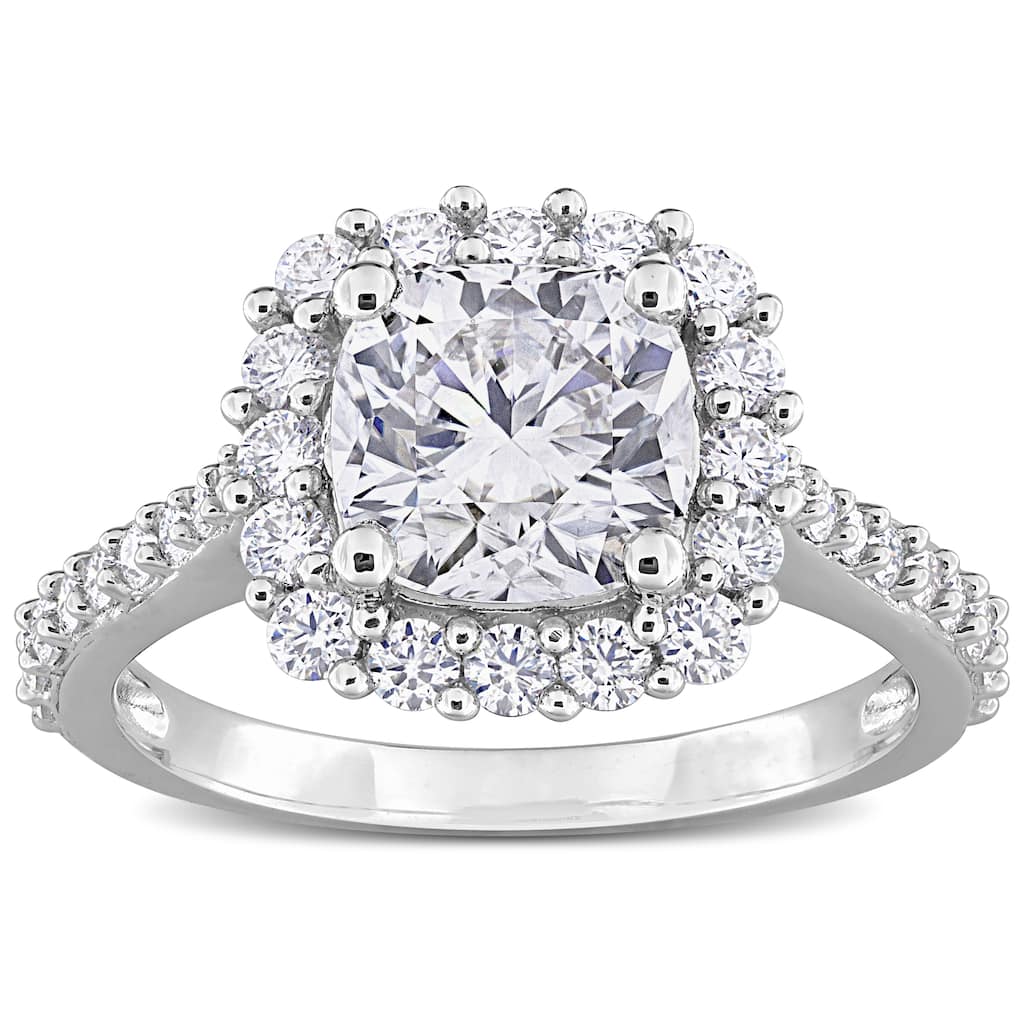 Miadora 2 3/4ct DEW Cushion-cut Created Moissanite Halo Ring in Sterling Silver