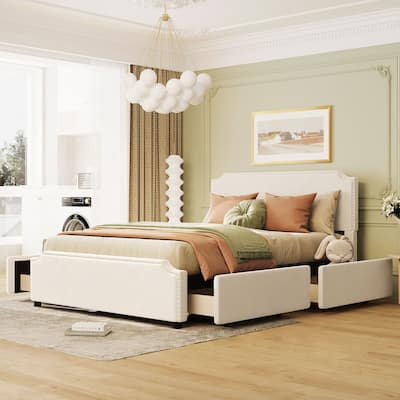 Queen Size Upholstered Platform Bed with 4 Drawers