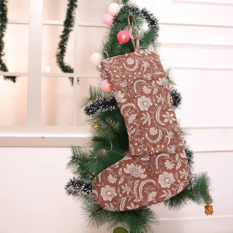 Fabdivine 16x6.5 Inches Hand Floral Block Print Christmas Stockings Tassle and Loop Perfect for Gift - 16"X6.5"