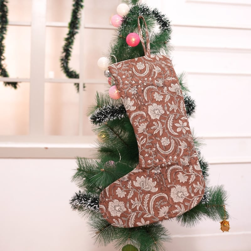 Fabdivine Handmade Christmas Stocking Floral Block Print 10X4.5 Inch Tassel Loop for Home Décor - 10"X4.5"