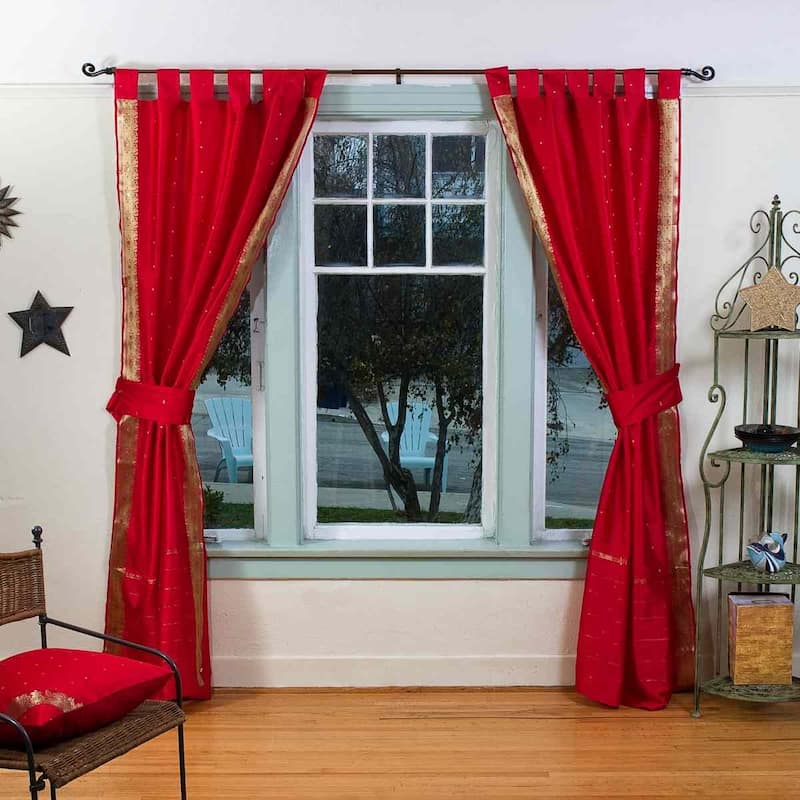 Indo Fire Brick Tab Top Sari Sheer Curtain (43 in. x 84 in.) w/ matching tieback - Red - 84 Inches