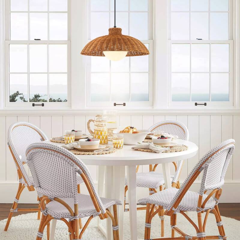 1-Light 15.7" W Farmhouse Brown Woven Rattan Dome Pendant lights for Dining Room, Living Room, Bedroom