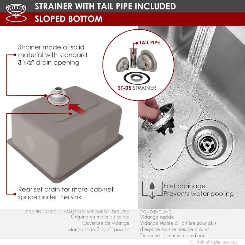 STYLISH 20.5 inch Single Bowl Undermount and Drop-in Stainless Steel Kitchen Sink - 20.5" x 18" x 9"