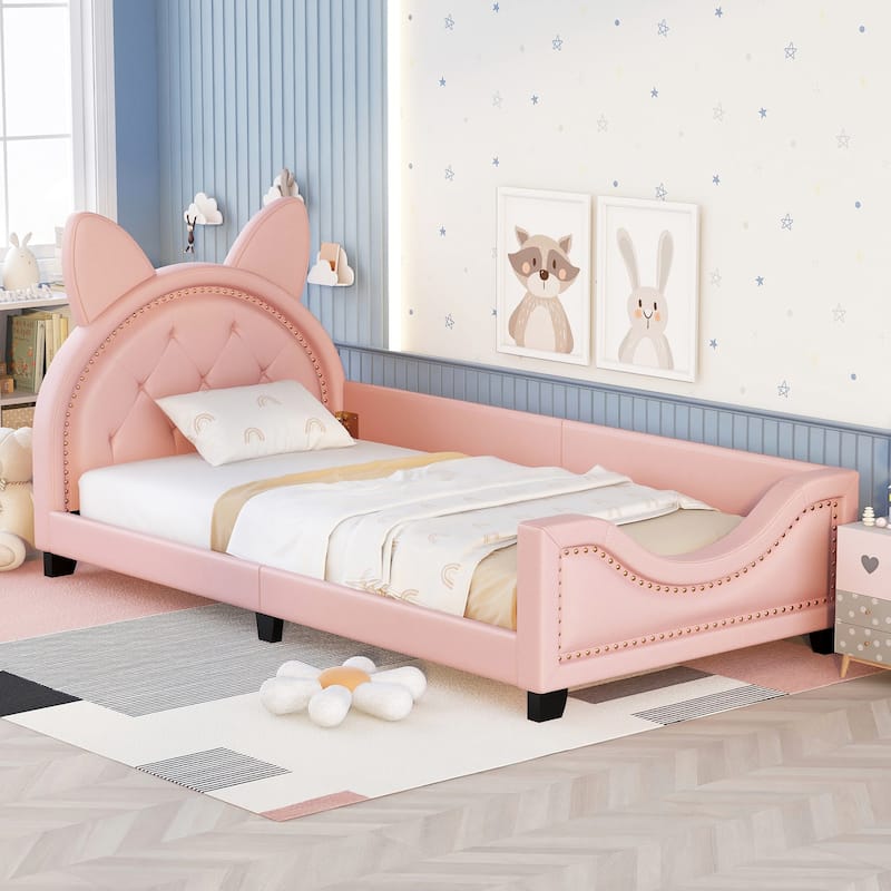Twin Size Upholstered Daybed With Carton Ears Shaped Headboard, Pink