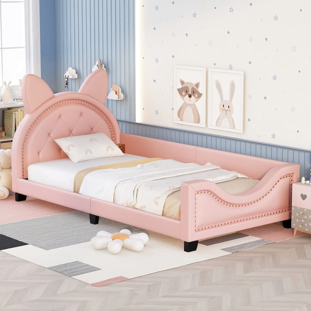 Twin Size Upholstered Daybed with Ears Shaped Headboard