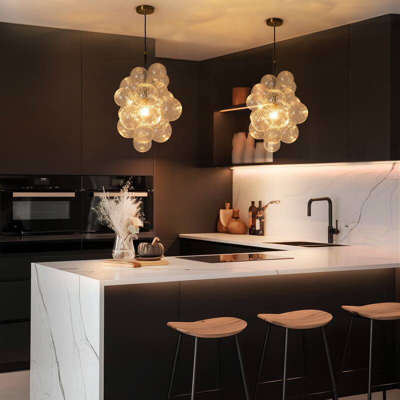 1-Light Modern Gold Chandelier Cluster Clear Swirled Glass Globe Bubble Chandelier with 1 Bulb Included