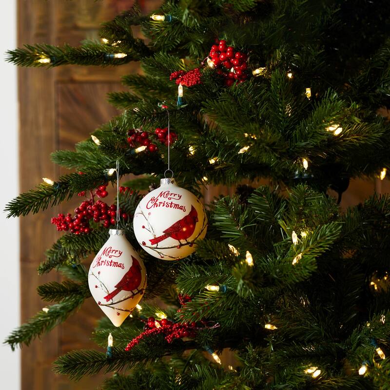 Set of 8 White Glass Ball Christmas Ornaments with Cardinals 4.75"