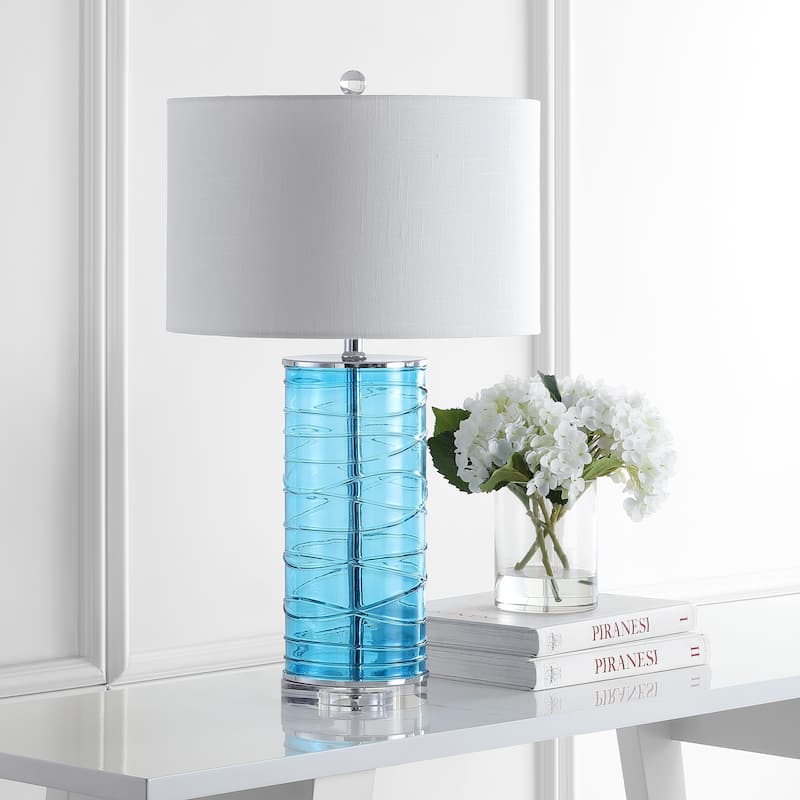 Coco 27.5" Modern Fused Glass Cylinder LED Table Lamp, Turquoise (Set of 2) by JONATHAN Y
