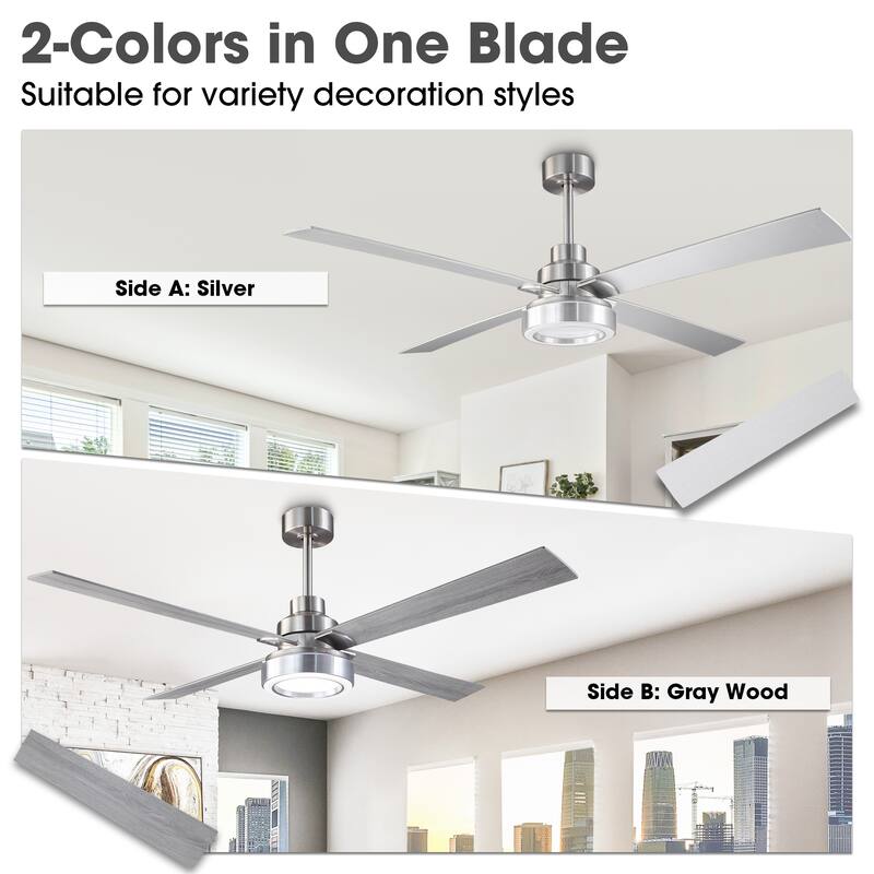 Vaczon 60" Modern Brushed Nickel Integrated LED Smart Ceiling Fan with Light and App