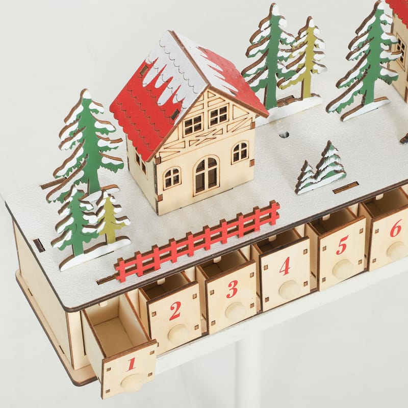HOMCOM Christmas Calendar with 24 Drawers, Reusable Lighted Wood-Effect Countdown to Christmas Calendar with Village Scene
