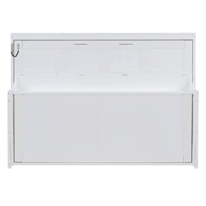 Space-Saving White Murphy Bed with Hydraulic Lift & Foldable Desk - Full/Queen Size