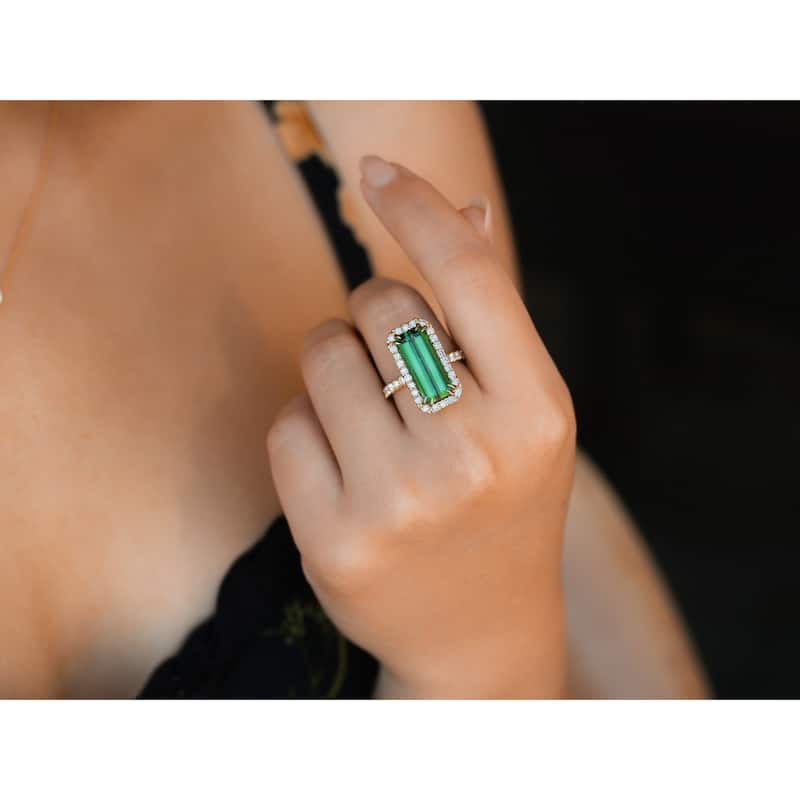 Kobelli 9.22 Carat Tourmaline & White Diamond 14k Solid Gold Extra Elongated Emerald-cut Halo Tall Ring