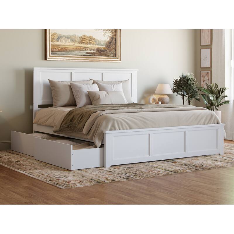 Madison Platform Bed with Matching Footboard with Storage Drawers - White - King