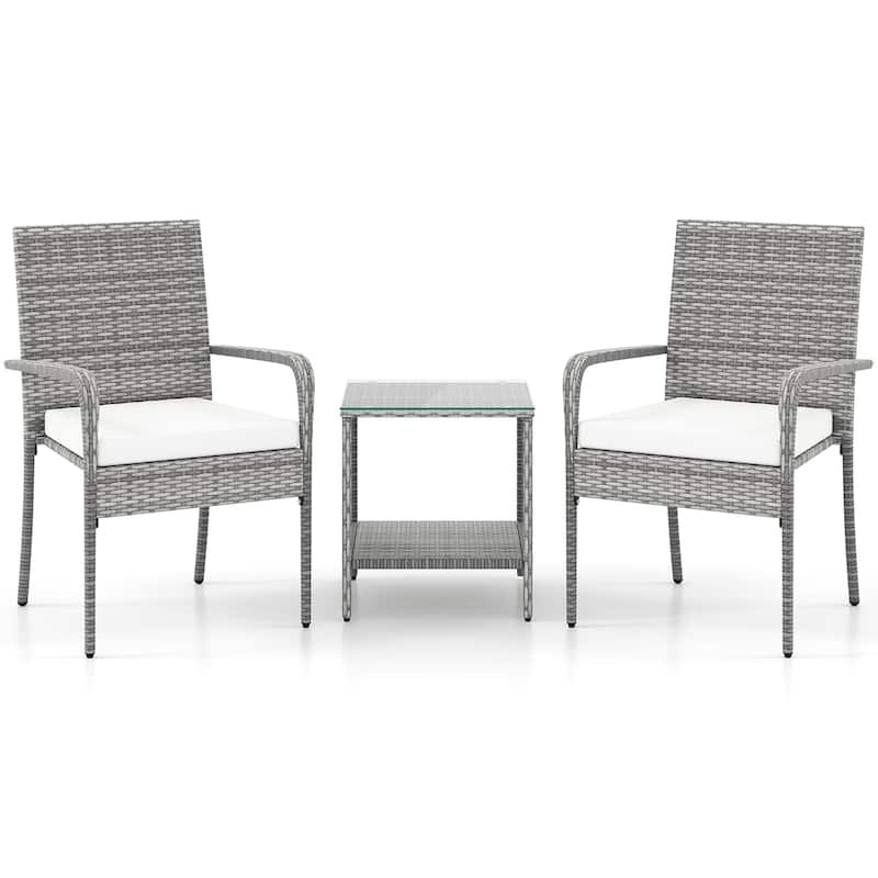 3-Piece Mix Grey Rattan Patio Furniture Set with Cushioned Chairs and Tempered Glass Table for Backyard or Balcony - White