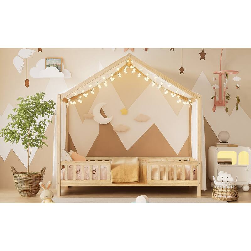 Montessori Floor Bed with Canopy, Twin Bed Frame for Kids, House Shape Toddler Bed Frame with High Railings,Twin