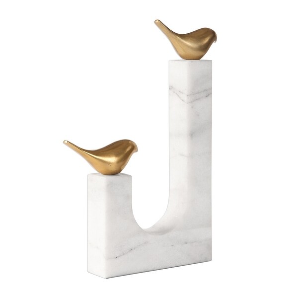 13" White Marble Brass Songbirds Sling Sculpture - N/A