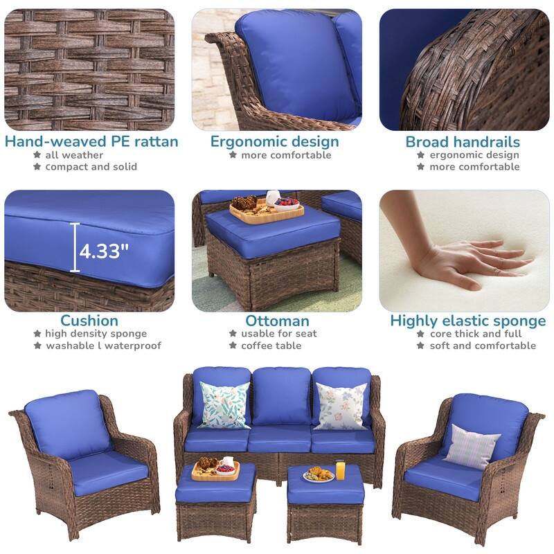 5-piece Patio Furniture High Back Conversation Set with Navy Blue Cushions