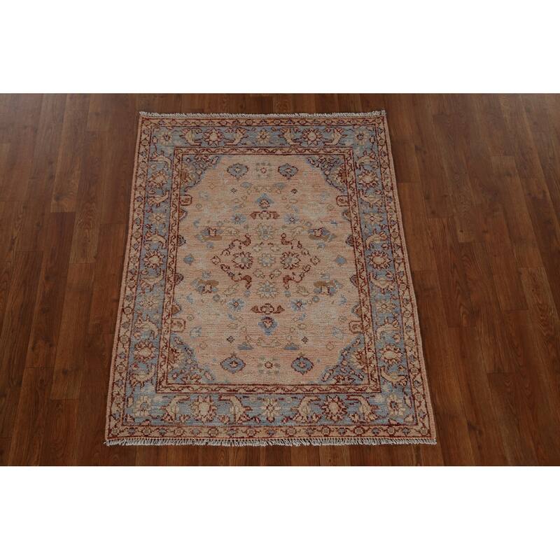 Hand Knotted Oriental 100% Wool Carpet Transitional Geometric Peach Oushak Area Rug - 3' 10'' X 2' 11''