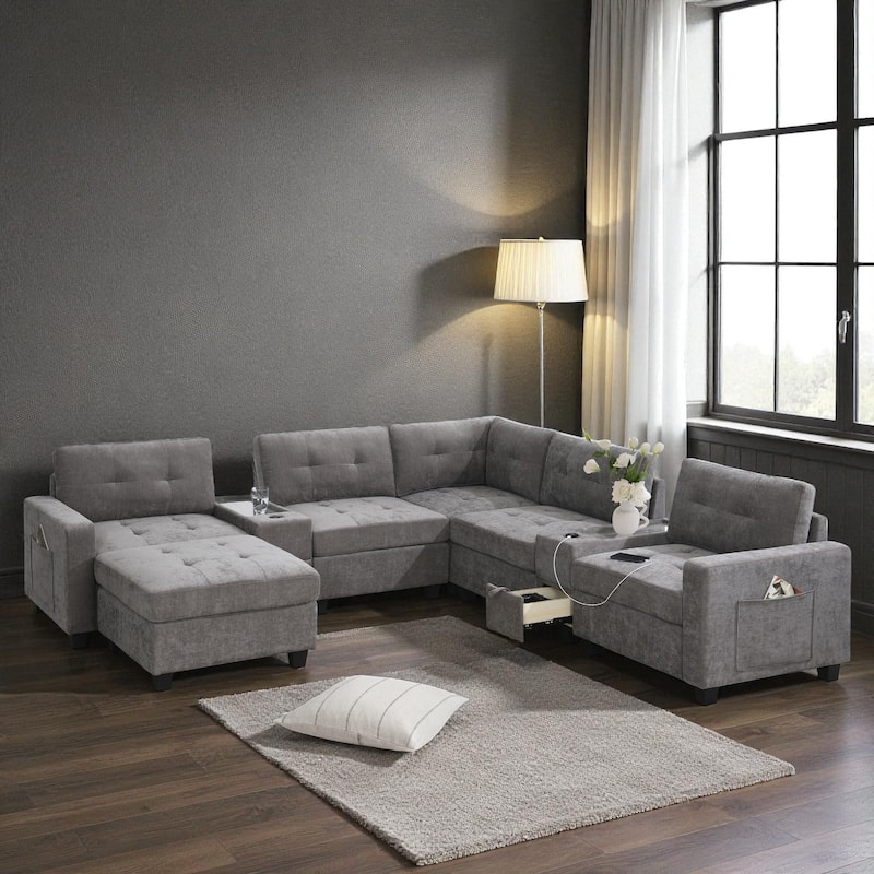 104" Chenille U-Shaped Sectional Sofa with Acrylic Table Tops 2 Consoles Storage Drawers USB Charging Movable Ottoman