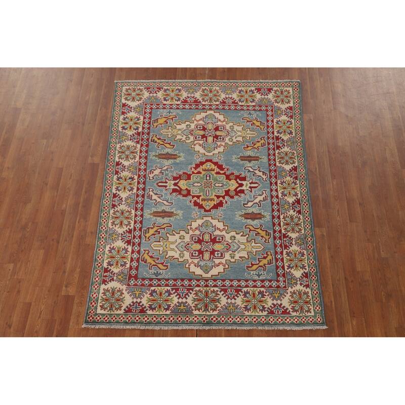 Light Blue Geometric Kazak Area Rug Hand-Knotted Wool Carpet - 4'10" x 6'7"