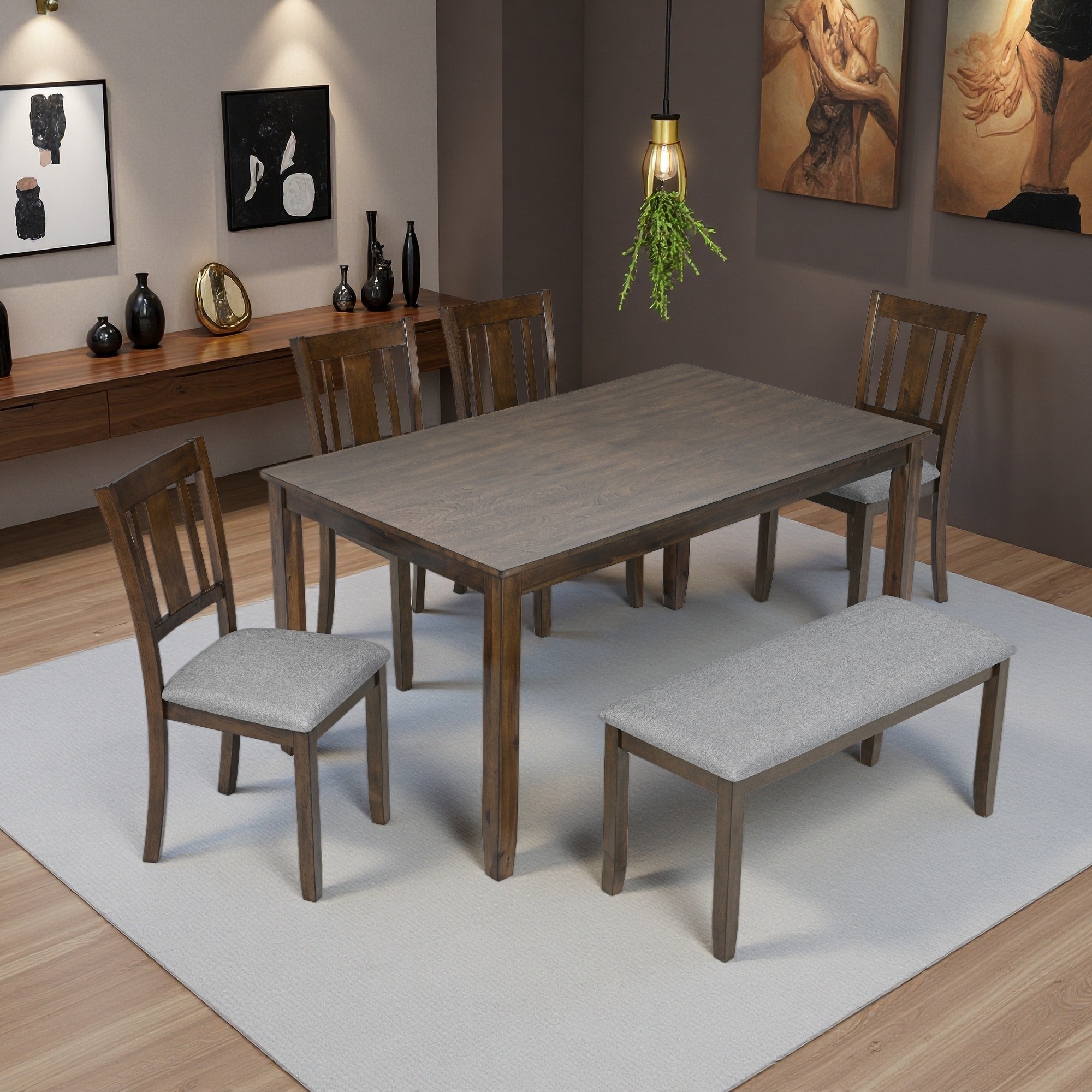 6-Piece Wood Dining Table Set with Chairs & Bench