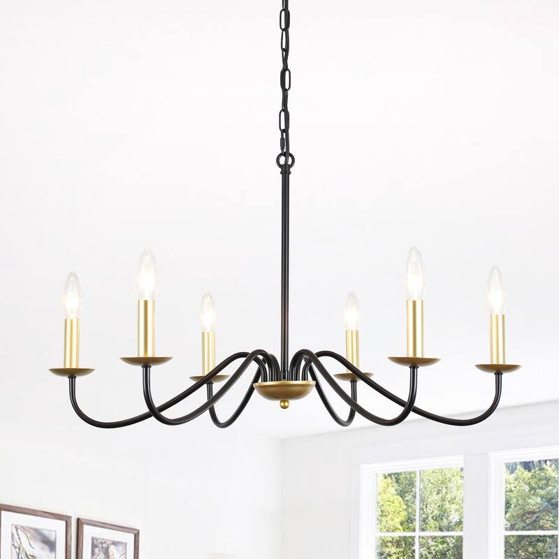 6-Light Rustic Farmhouse Simple Candle Chandelier for Bedroom, Kitchen, Living Room and Foyer - Black+SprayGold