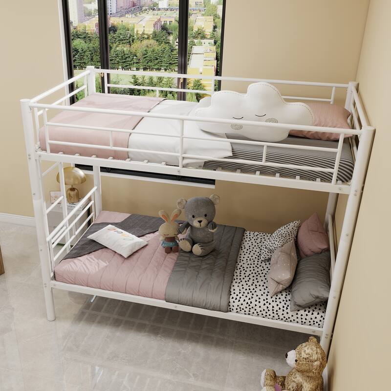 Twin Over Twin Metal Bunk Bed with Ladder and Guardrail, Convertible to 2 Separate Beds, No Box Spring Required - White