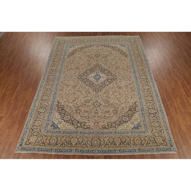 Traditional Mashad Persian Vintage Rug Handmade Wool Carpet - 9'10"x 12'11"