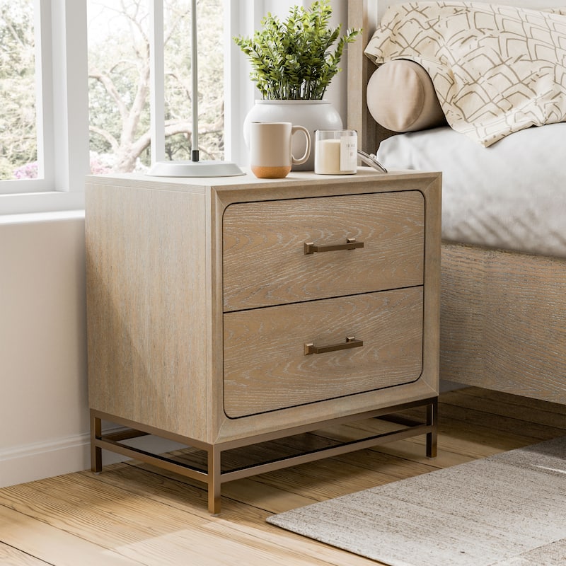 Furniture of America Drayden Transitional Oak Solid Wood 2-Drawer Nightstand with Metal Legs - Light Oak