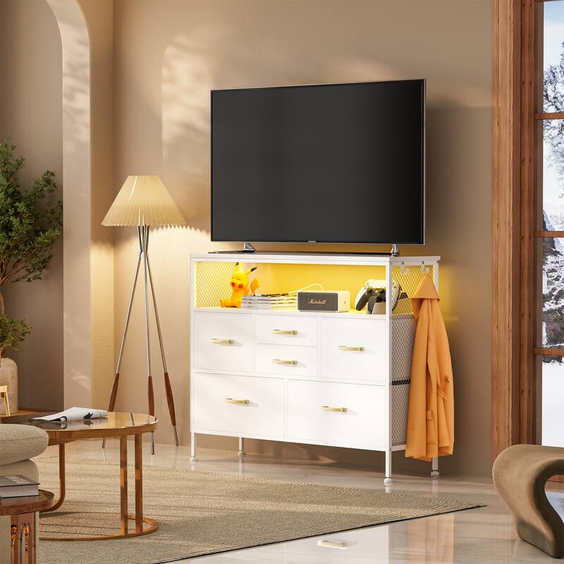 Dresser for Bedroom TV Stand with Power Outlets and LED Light, 6 Dresser with Shelves for 45" TV, PU Finish