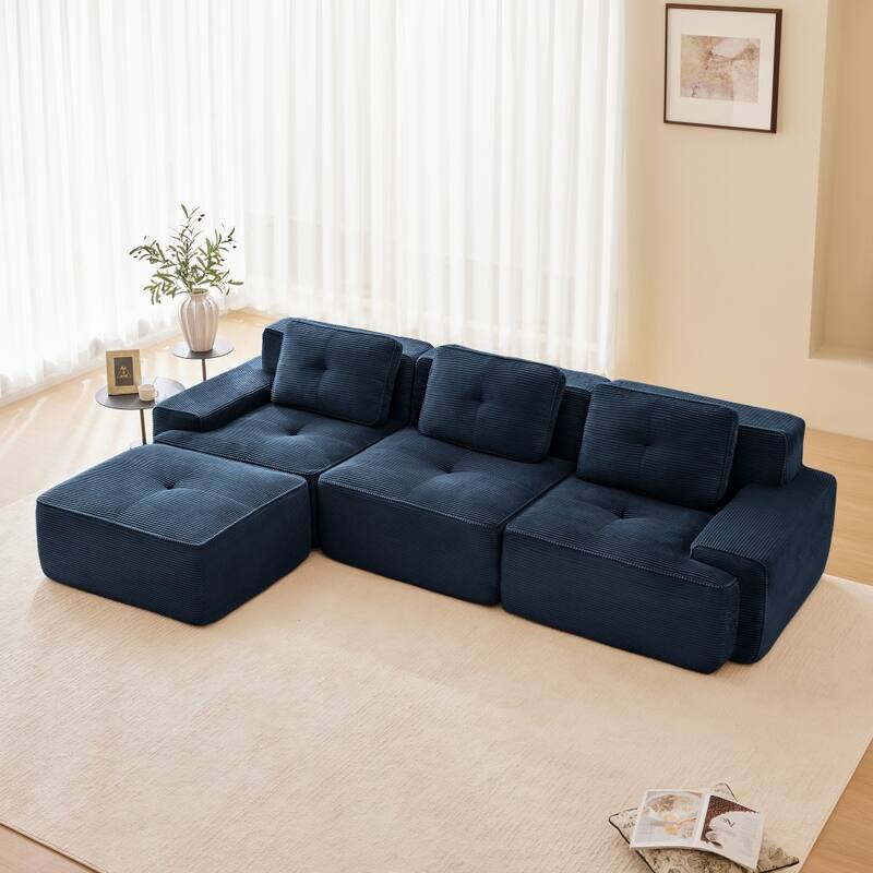Modern 3-Seater Modular Tufted Design Corduroy Sectional Sofa with Deep Seat - Blue