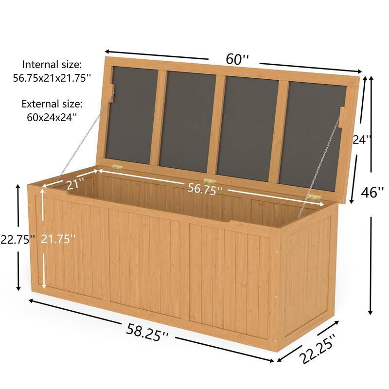 112 Gallon Outdoor Wooden Deck Box Solid Wood Storage Box Seat & Table Top for Patio Furniture Cushions, Pool Toys,Garden Tools