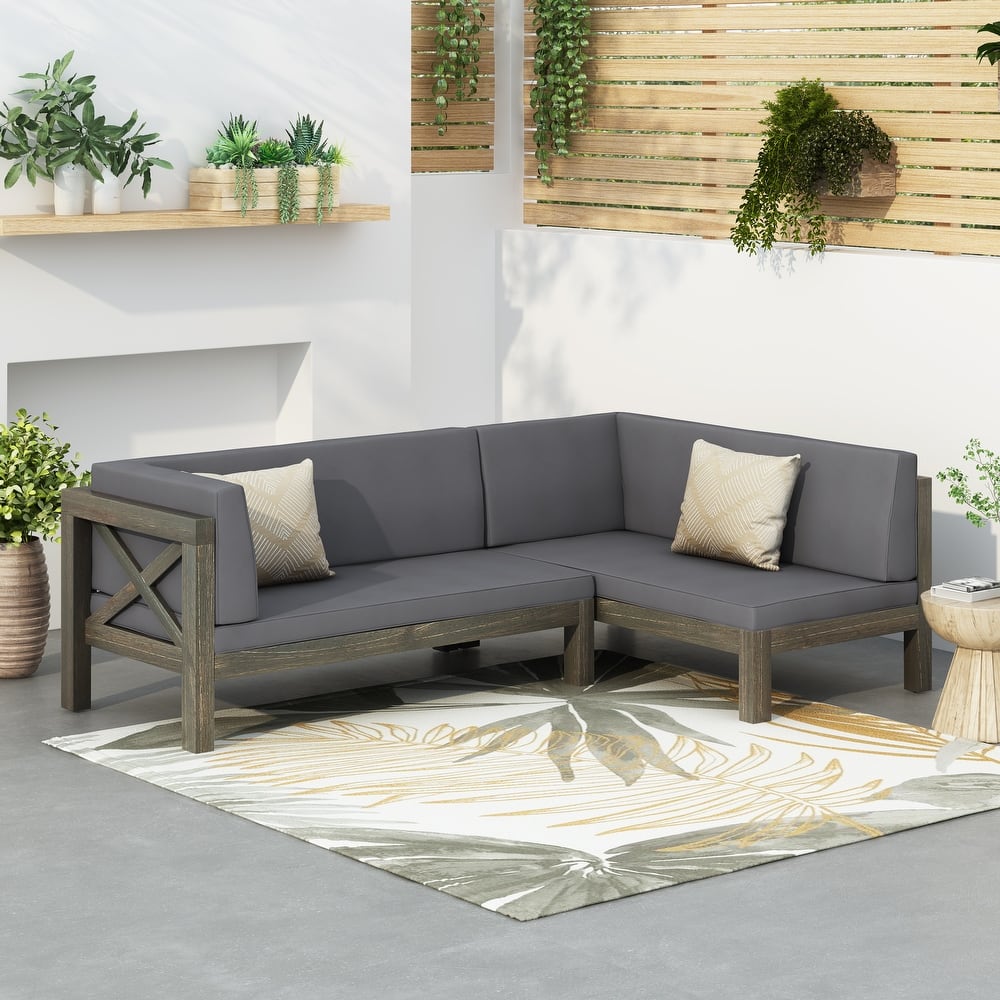 Roomfitters Outdoor Sectional Sofa Left Corner Bench with X-Back Acacia Wood Frame and Cushions