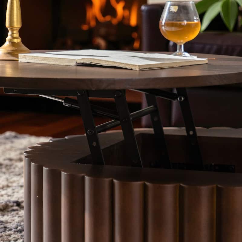 27.6'' Round Wooden Lift-Top Coffee Table with Hidden Storage, Handcrafted Relief Pedestal Tea Table for Living Room