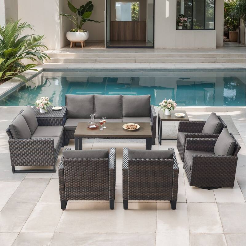 Gymojoy 9 Person Outdoor Courtyard Wicker Family Conversation Set Group With Swivel Chairs And Storage - Brown Wicker / Gray Cusion - 9-Piece