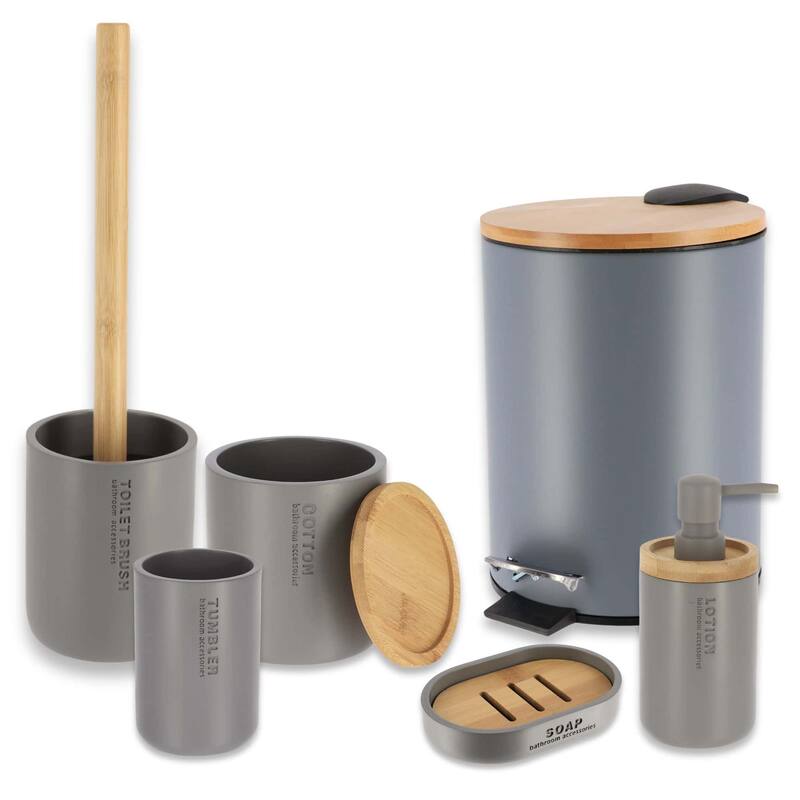 Bathroom Accessories with Natural Accents, Modern 6-piece Set