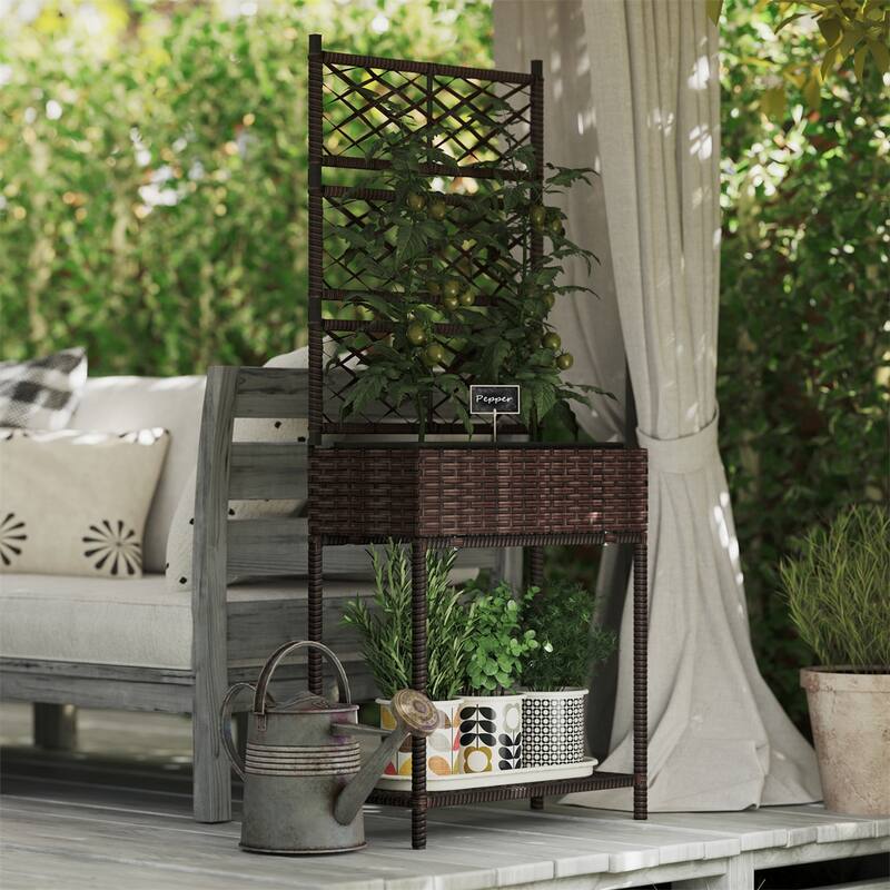 Outdoor Raised Garden Bed Rattan Plant Stand with Trellis and Storage Shelf for Herbs or Flowers - 21.7" L x 10.2" W x 52.4" H - Brown
