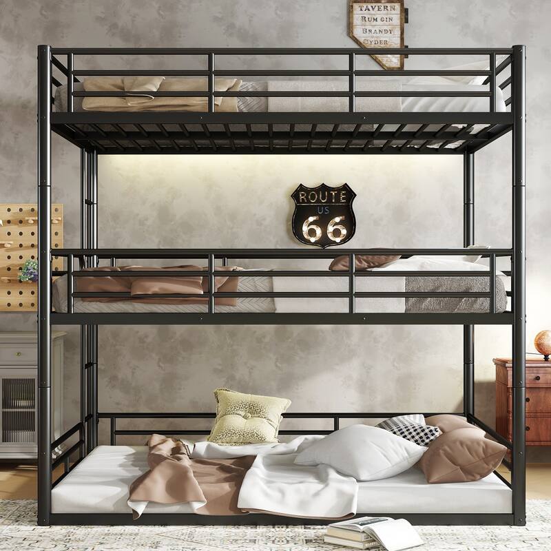 Full over Full over Full Bunk Bed, Metal Triple Bunk Bed with Safety Guardrails, Heavy-duty Bunk Bed with Noise-reduced Design