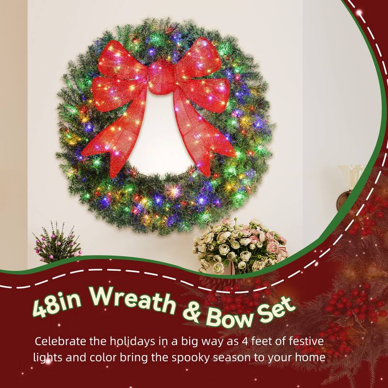 HOMCOM 48in Pre-Lit Xmas Wreath: 200 LED, 11 Modes, Remote, 3D Bow, Indoor/Outdoor
